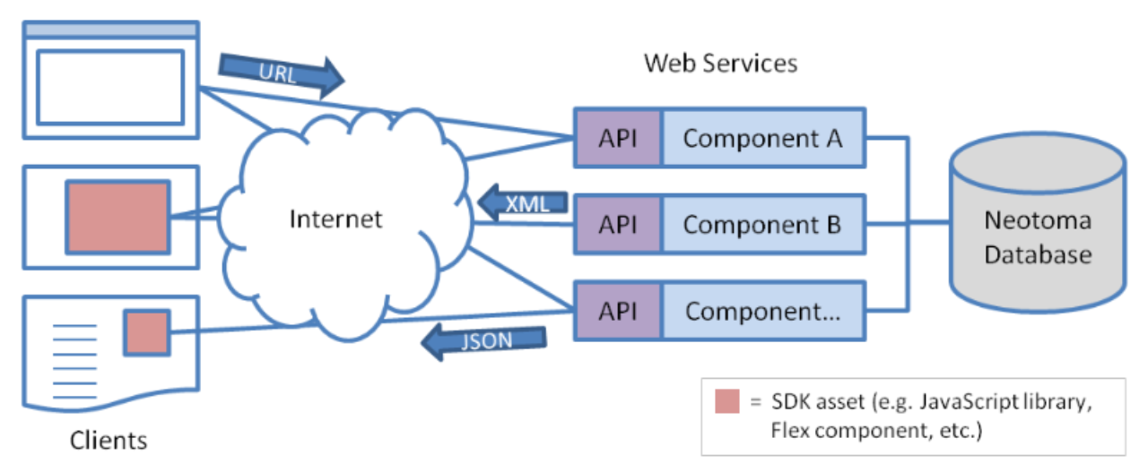 An illustration of the Neotoma software stack features client, the internet, api web services, and the Neotoma database