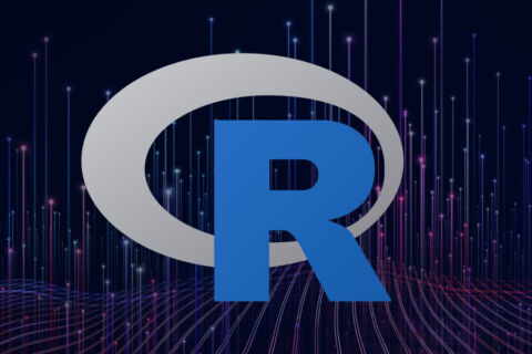 R Logo: A bold royal blue R over a gray oval shape